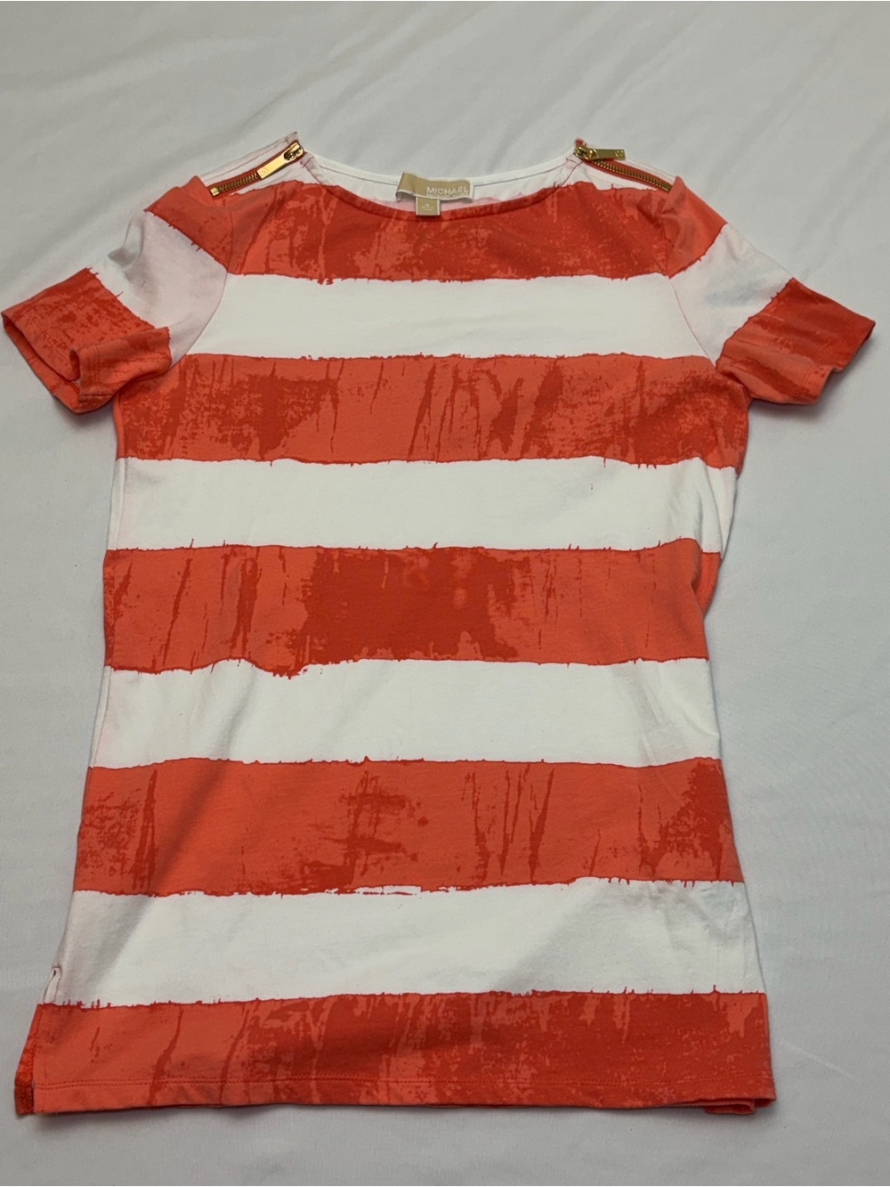 Michael Michael Kors Coral Striped Gold Shoulder Zip Short Sleeve Top Small